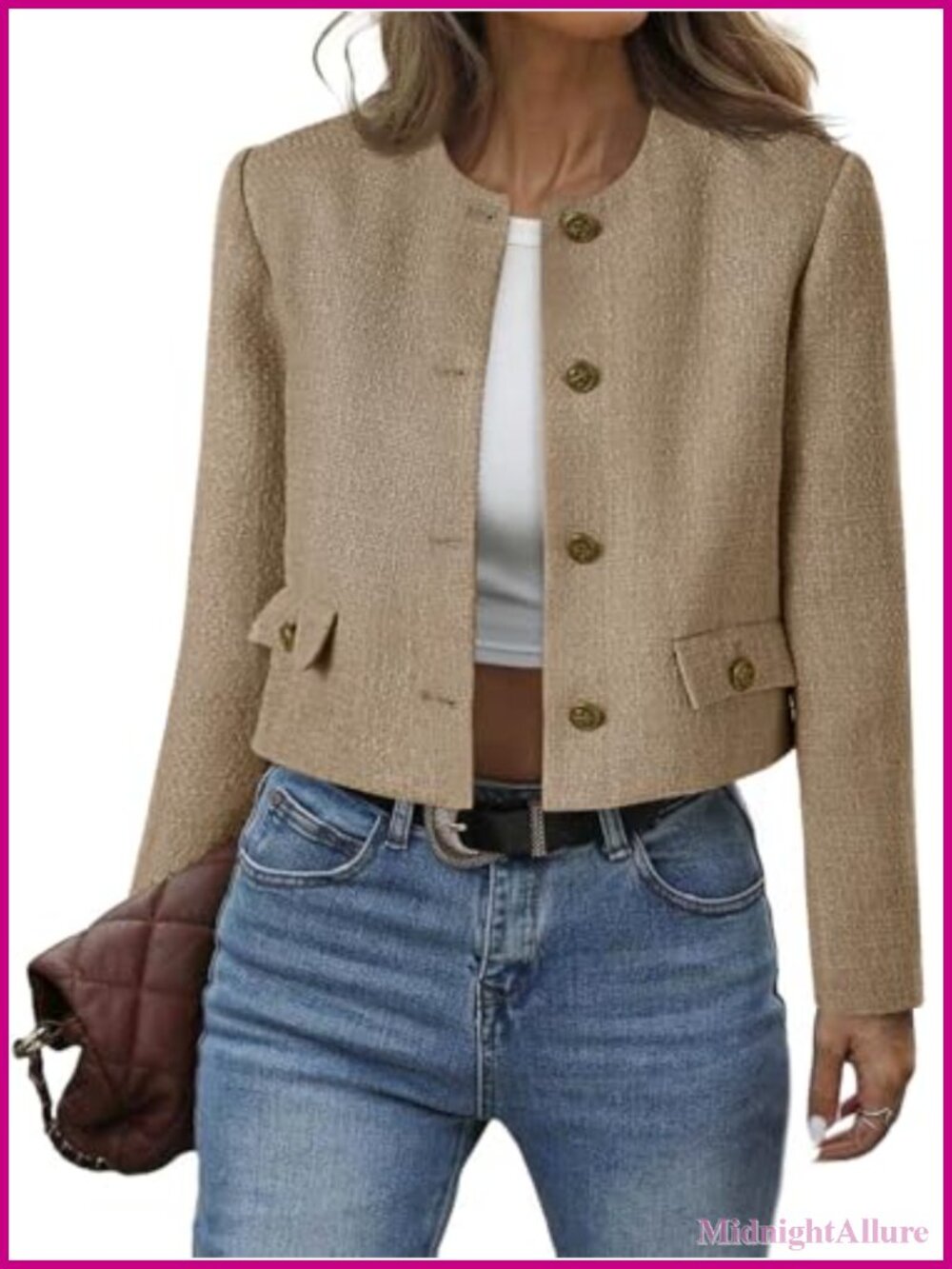 Cropped Tweed Blazer Collarless Button Down Bomber Jacket